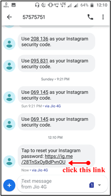 بازیابی رمز اینستاگرام از طریق پیامک